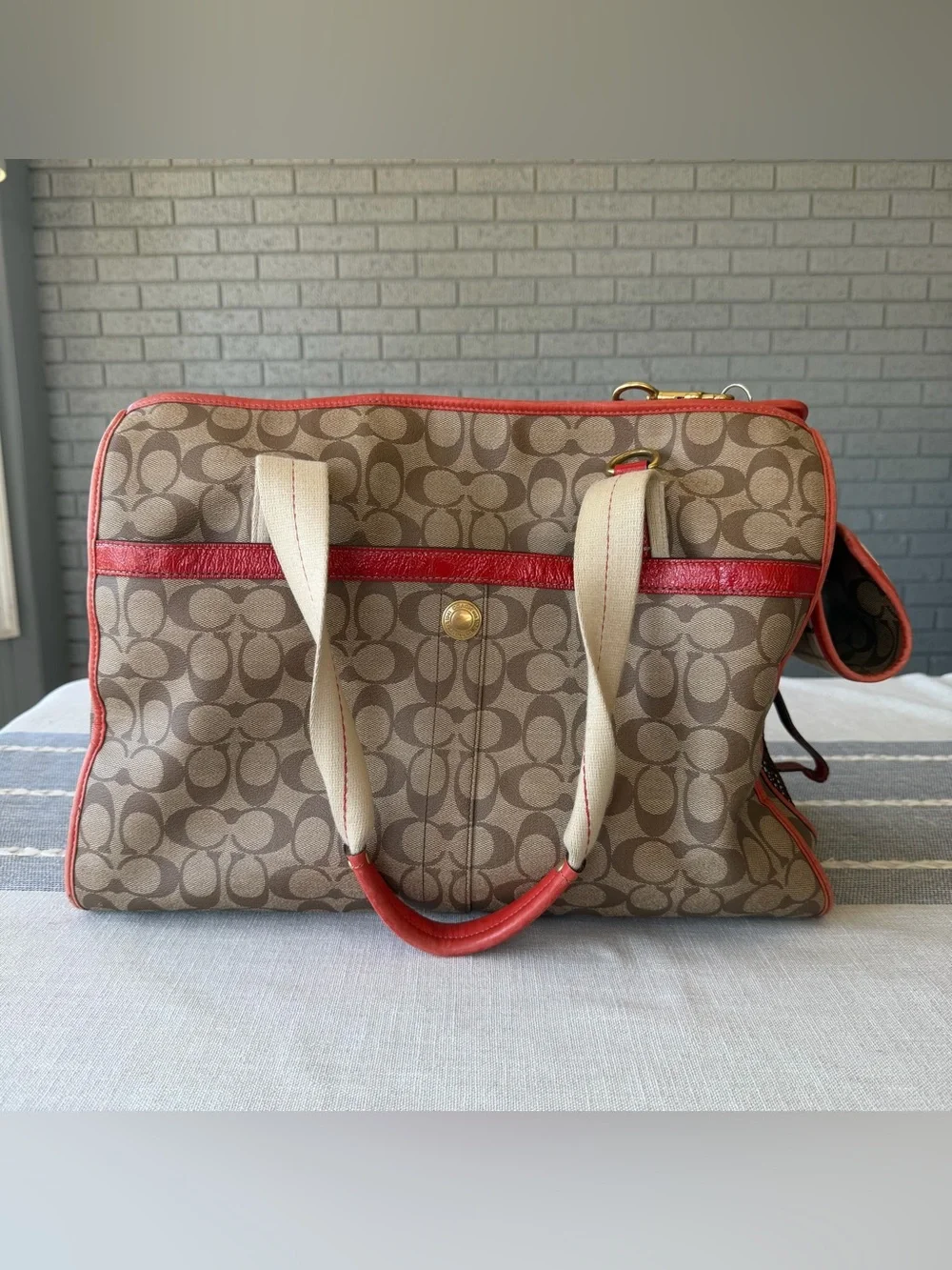 Rare Coach Heritage Stripe Pet Carrier Dog Purse Old Money Luxury Travel Orange